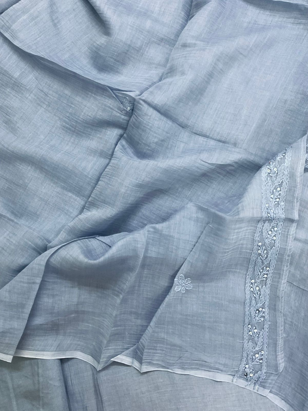 Pure Mul Chanderi Embroidered Suit - Blue