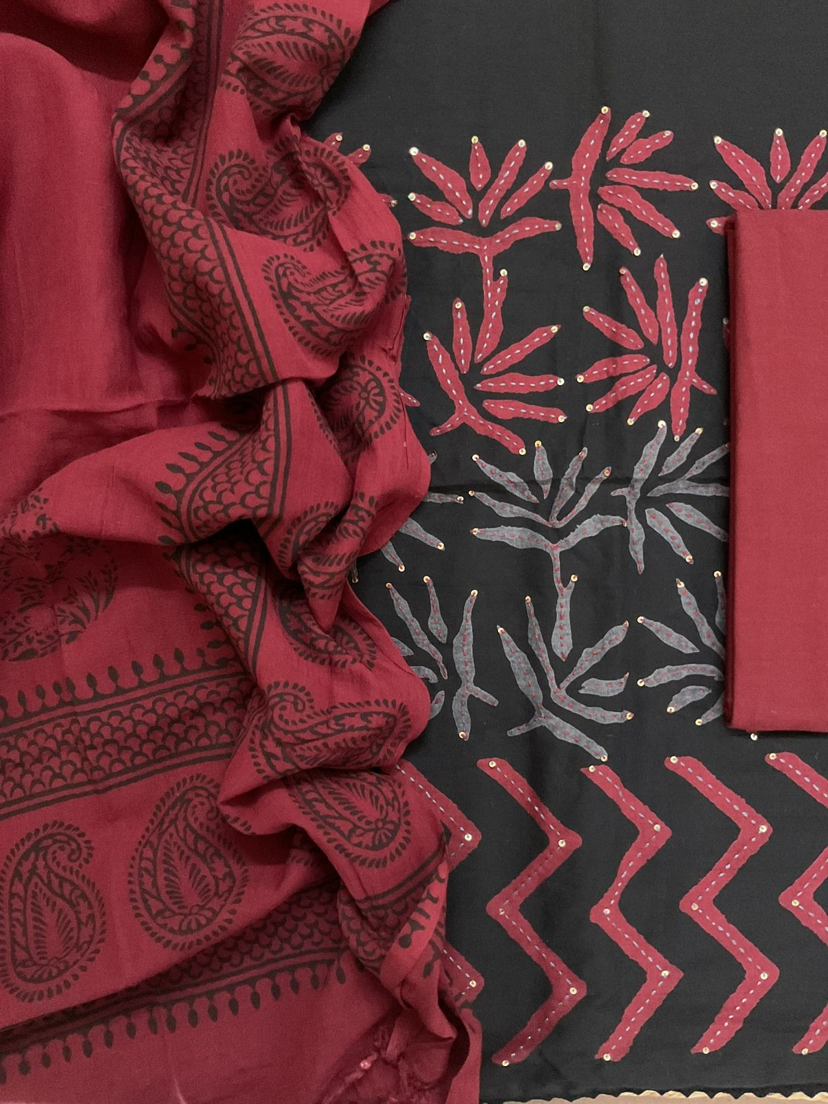 Pure Cotton Printed Embroidered Suit - Black