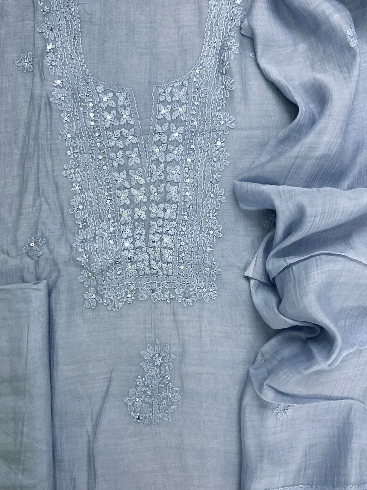 Pure Mul Chanderi Embroidered Suit - Blue
