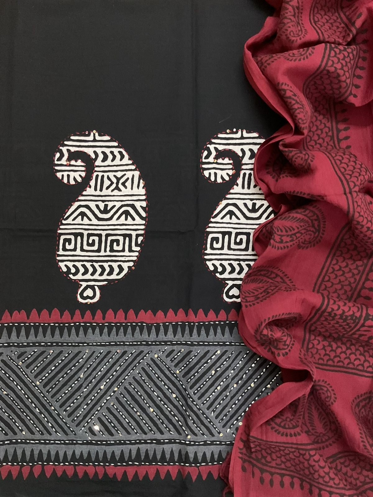 Pure Cotton Printed Embroidered Suit - Black