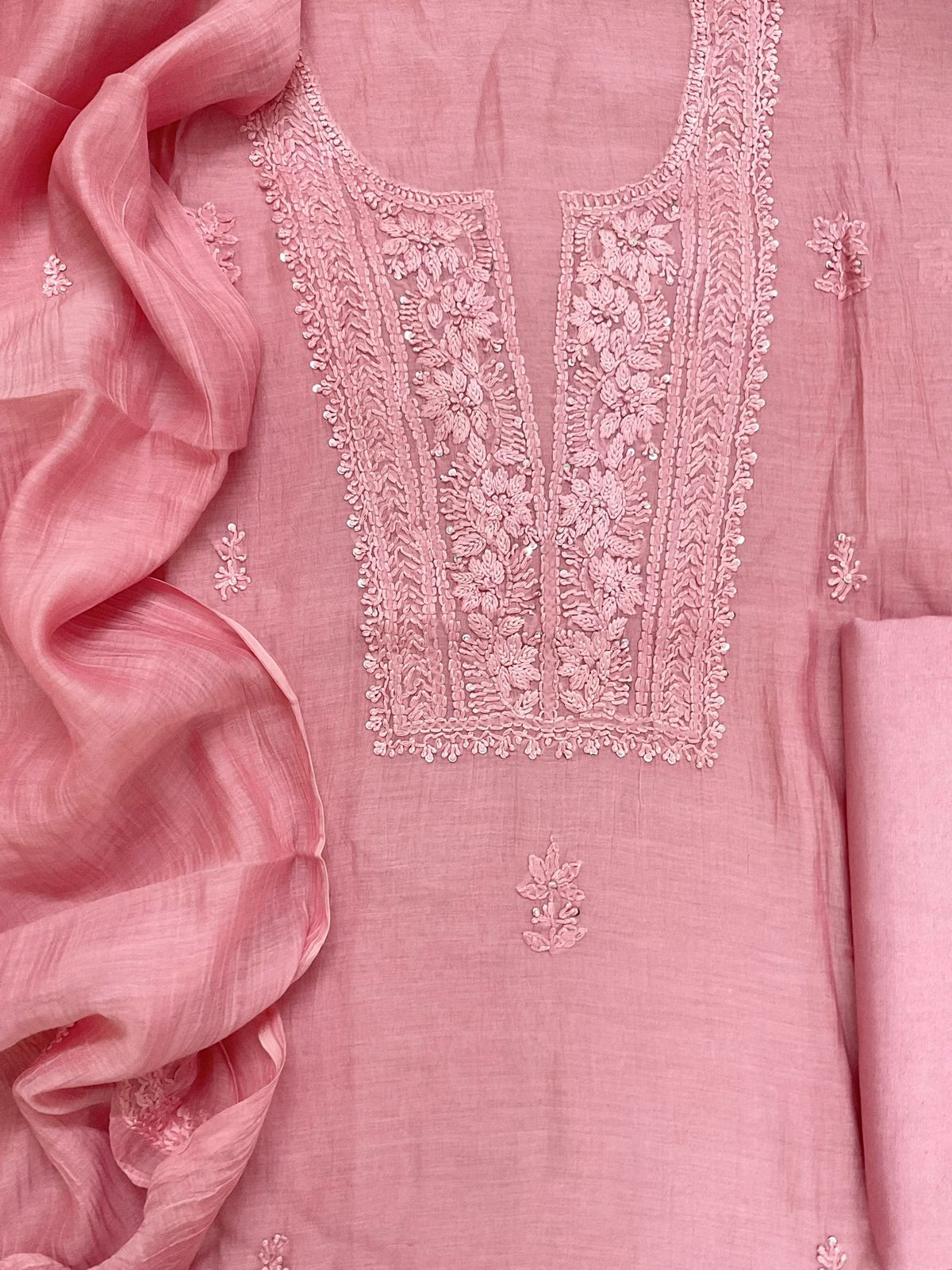 Pure Mul Chanderi Embroidered Suit - Pink