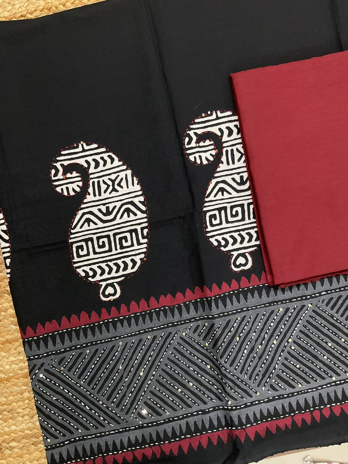 Pure Cotton Printed Embroidered Suit - Black