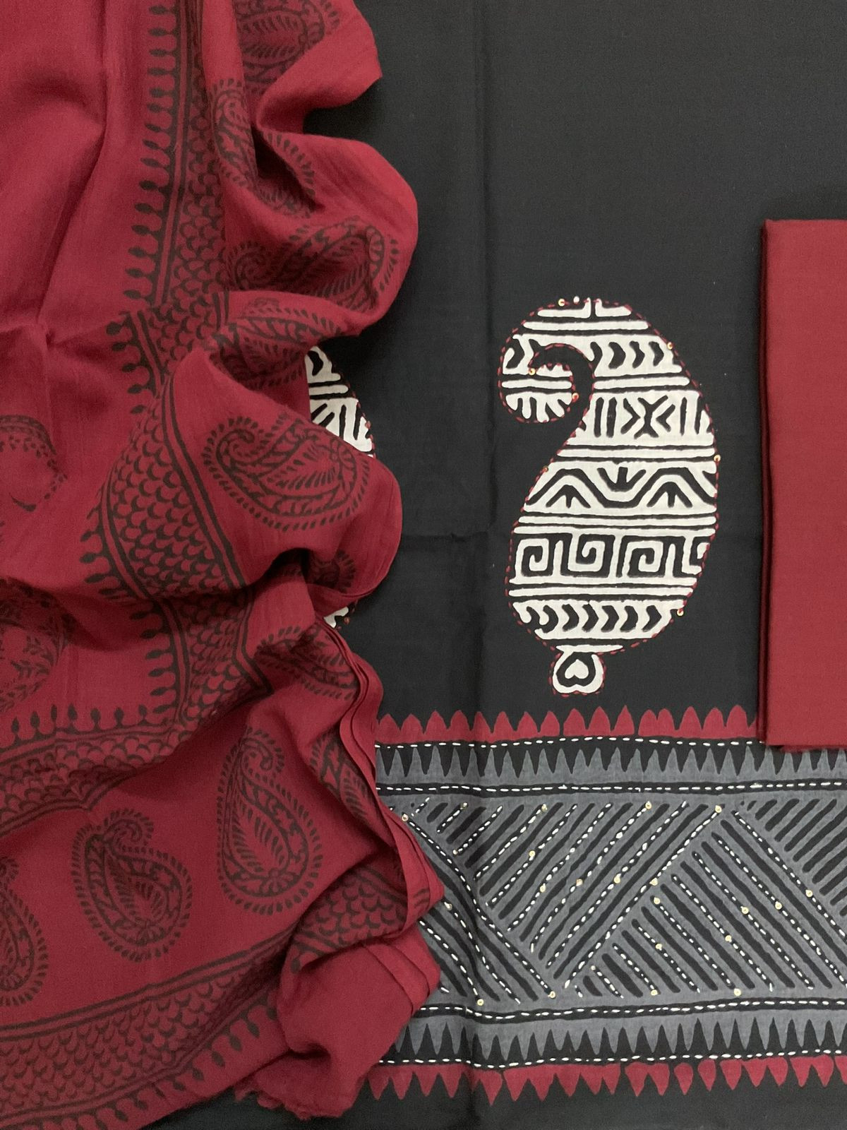 Pure Cotton Printed Embroidered Suit - Black