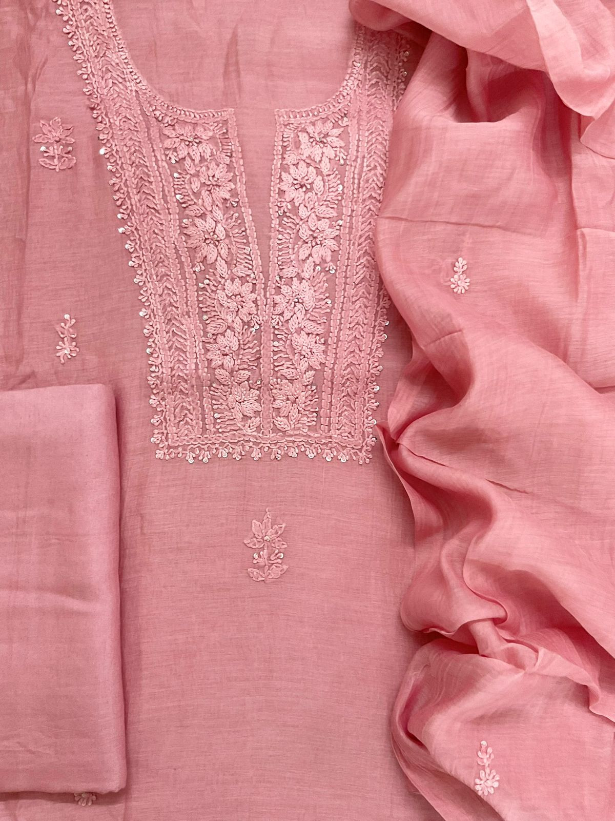 Pure Mul Chanderi Embroidered Suit - Pink