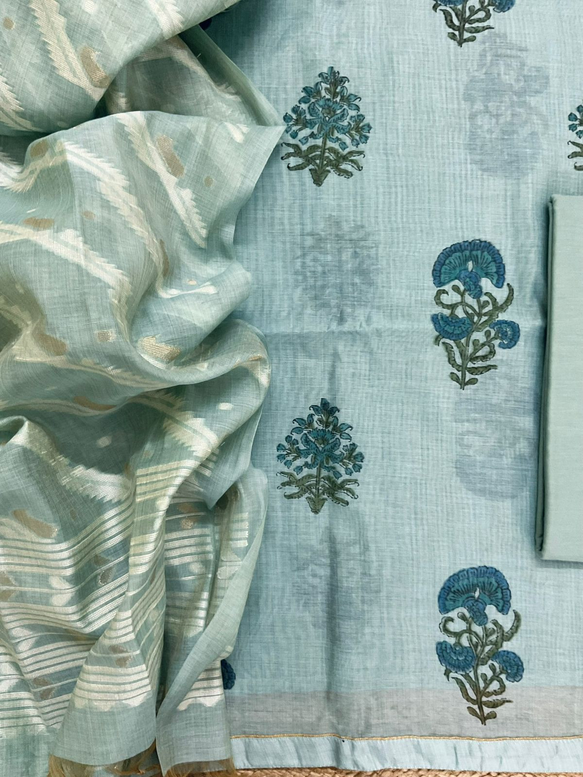 Soft Slub Chanderi Printed Jamdani Weaved Suit - Blue