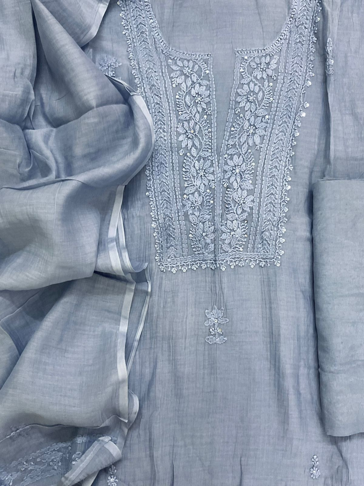 Pure Mul Chanderi Embroidered Suit - Blue