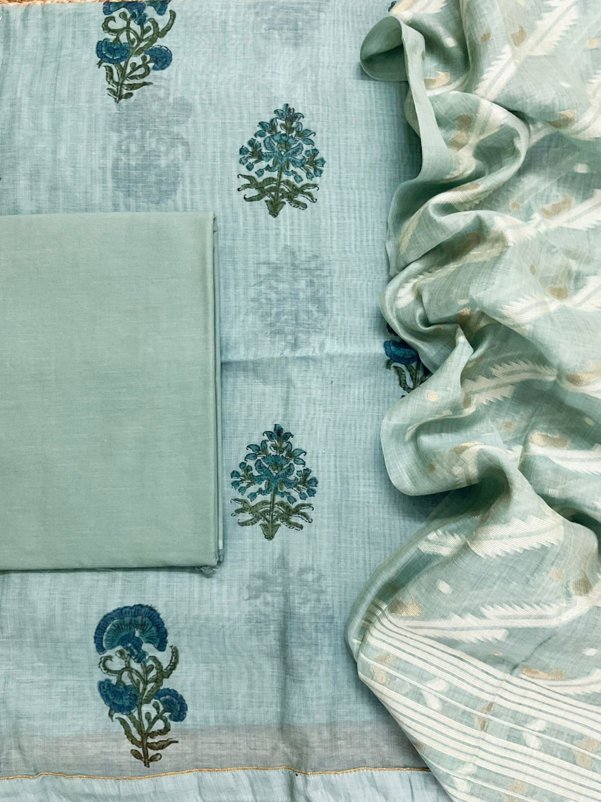 Soft Slub Chanderi Printed Jamdani Weaved Suit - Blue