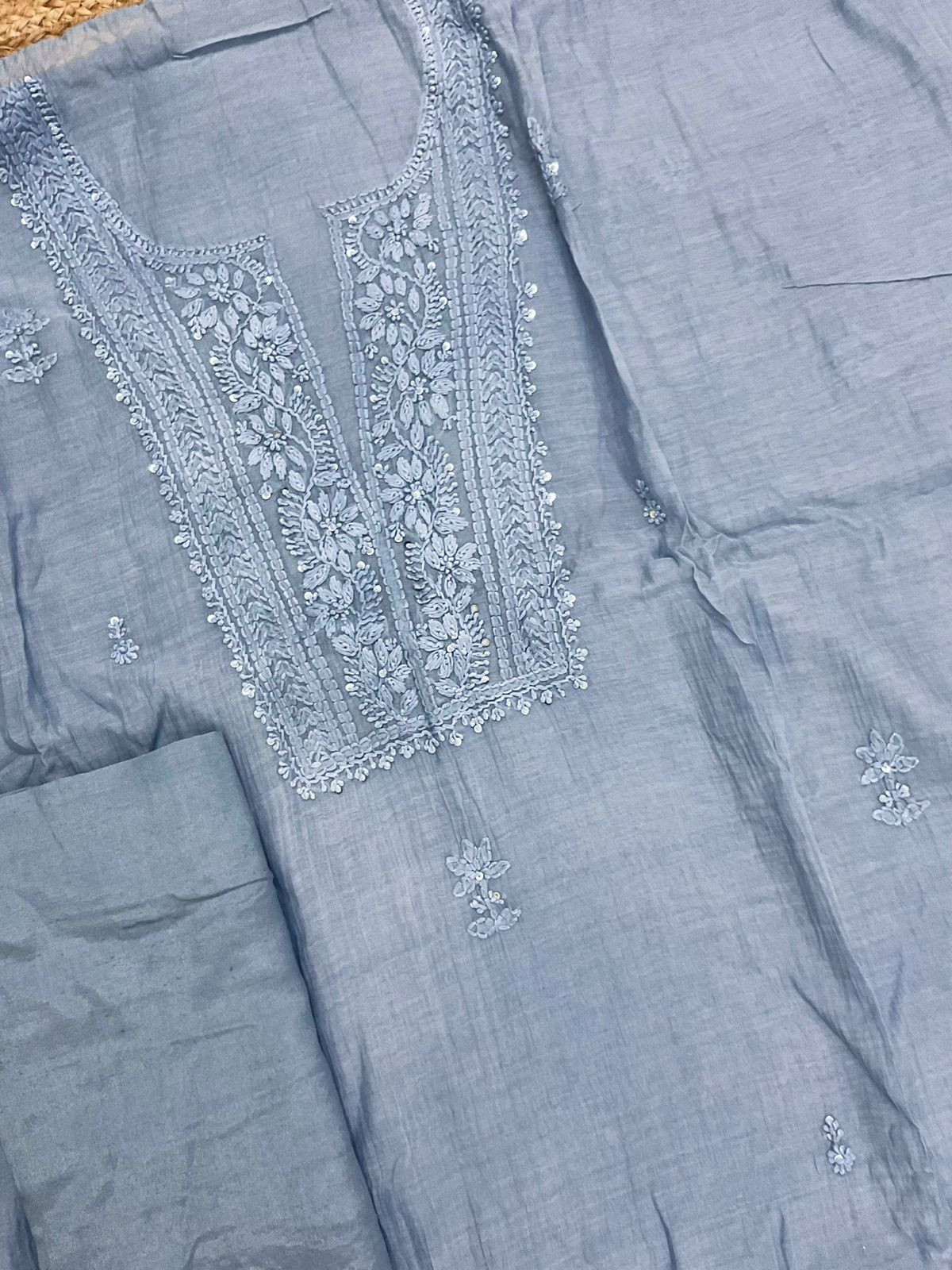 Pure Mul Chanderi Embroidered Suit - Blue