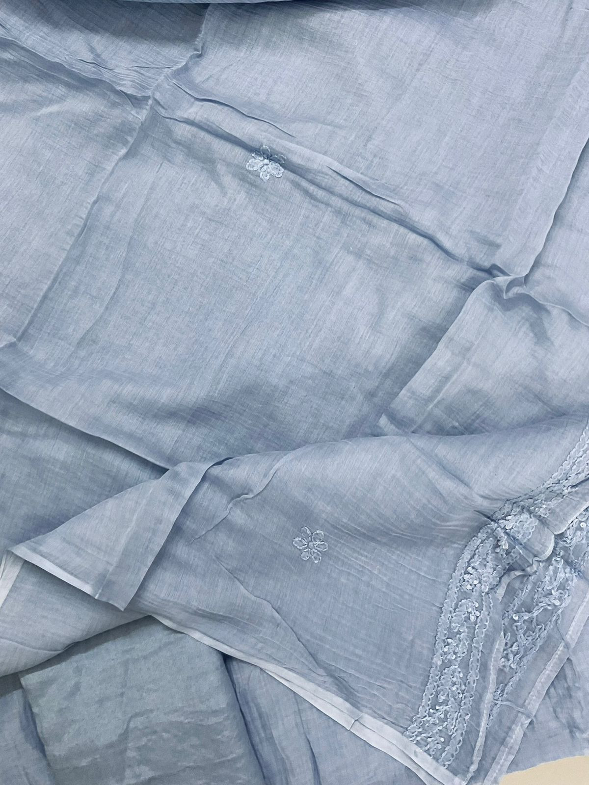 Pure Mul Chanderi Embroidered Suit - Blue