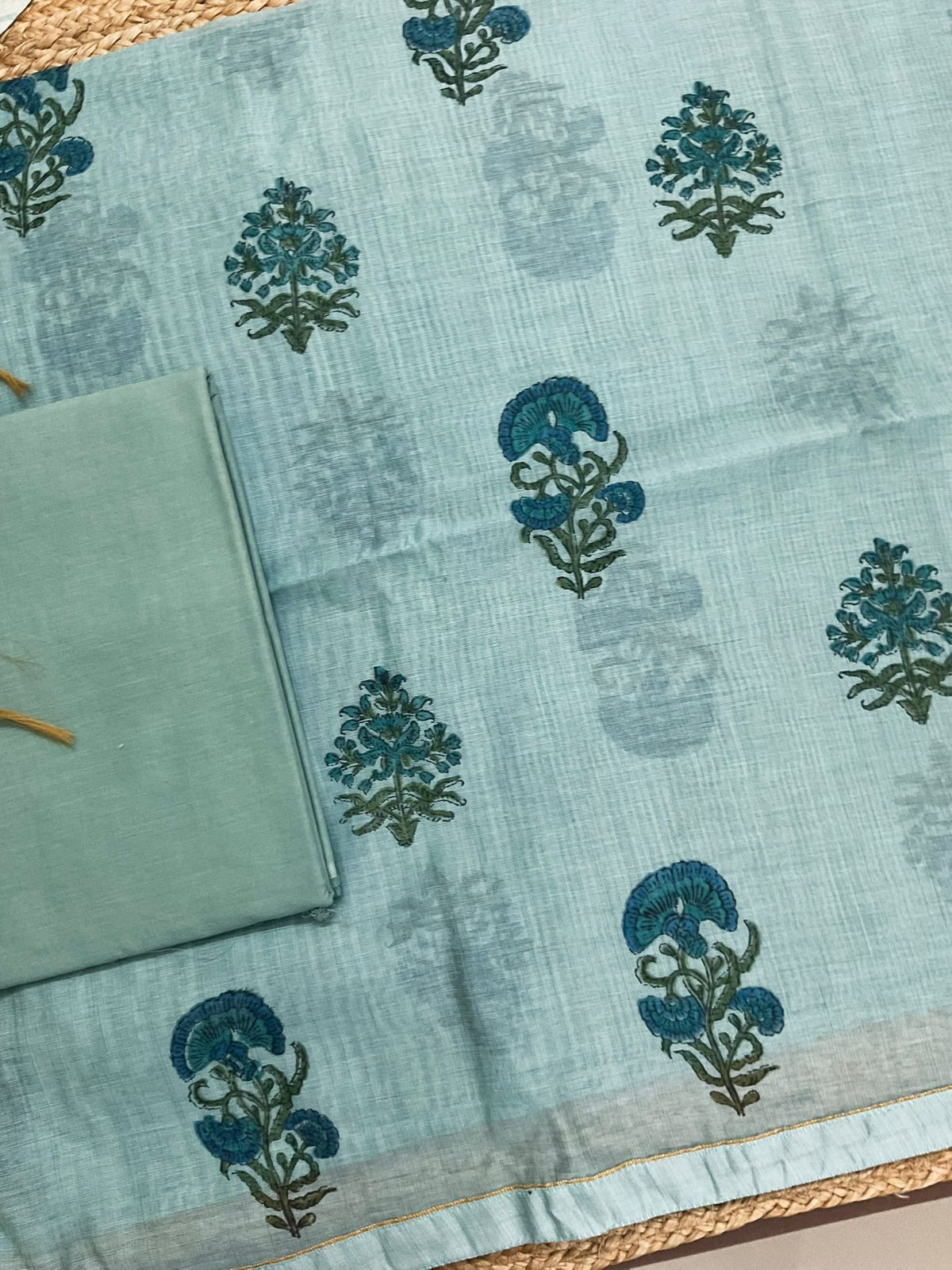 Soft Slub Chanderi Printed Jamdani Weaved Suit - Blue