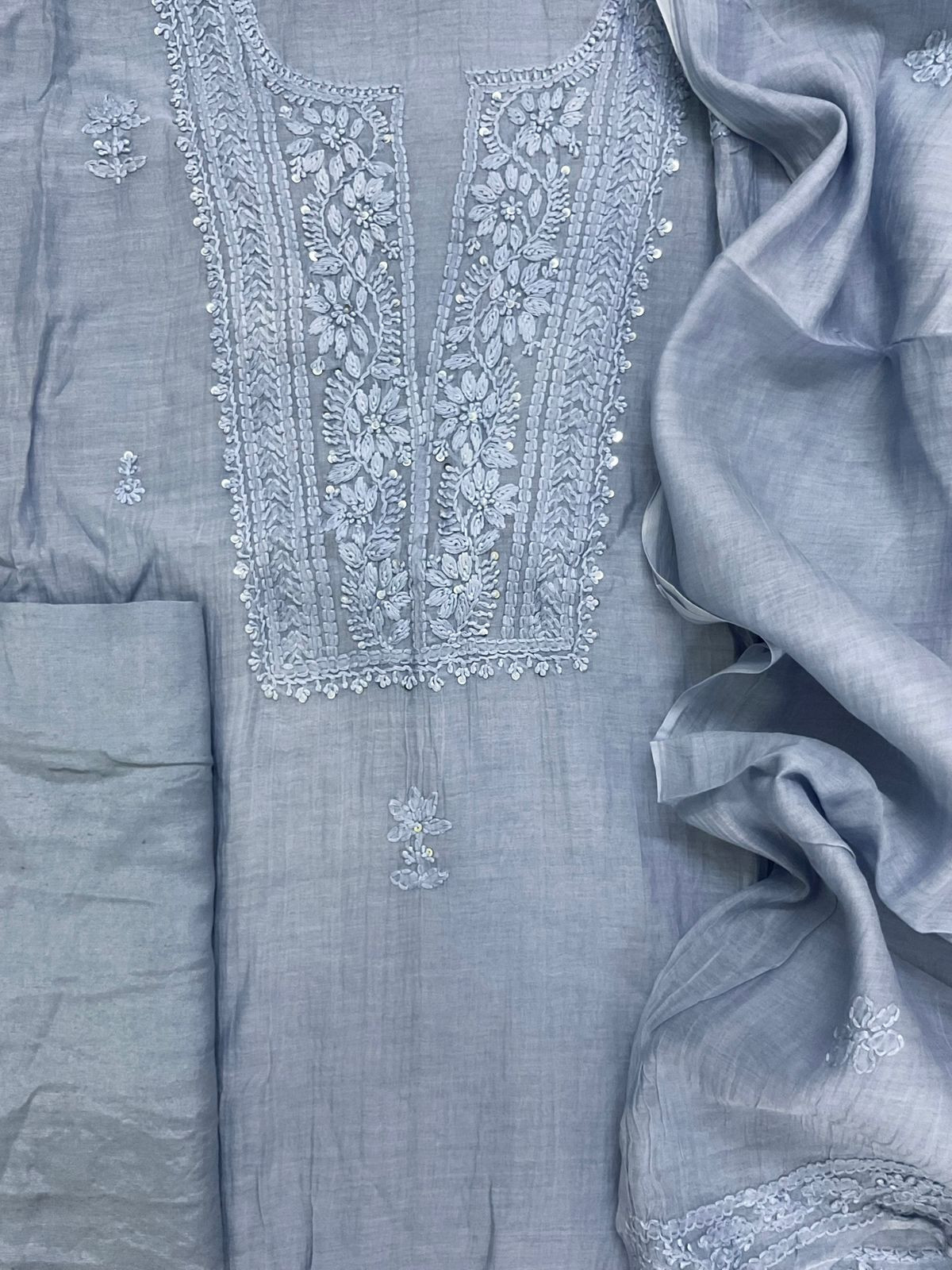 Pure Mul Chanderi Embroidered Suit - Blue