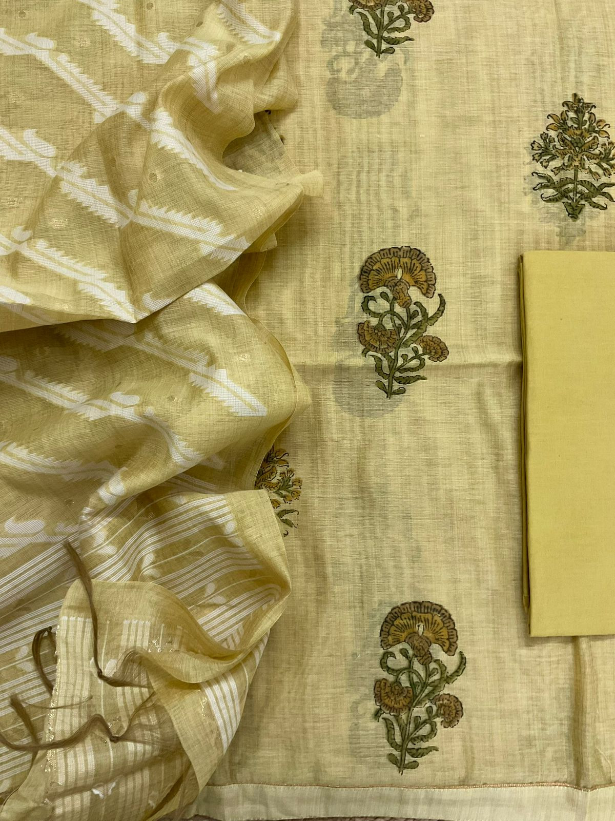 Soft Slub Chanderi Printed Jamdani Weaved Suit - Yellow