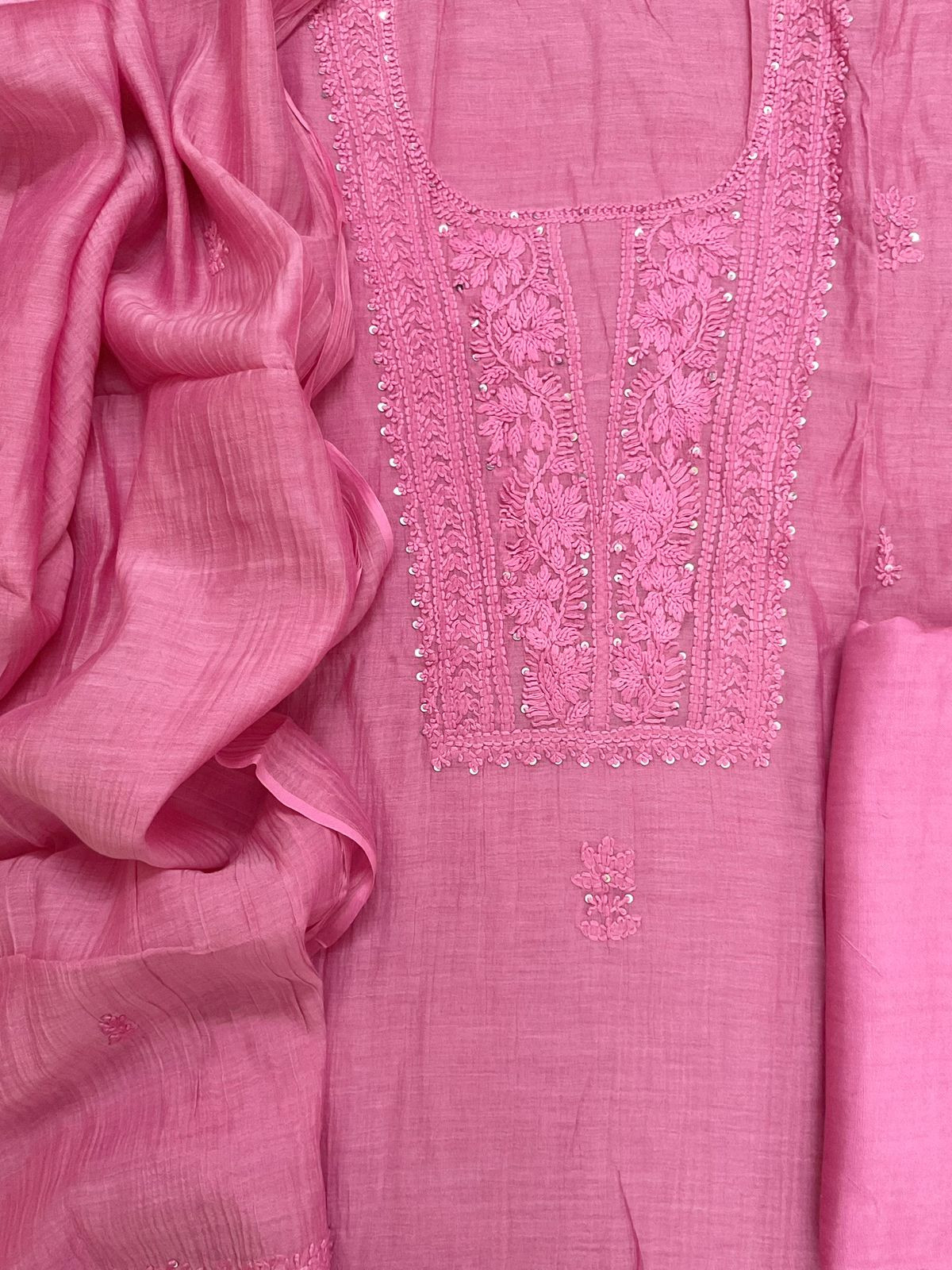Pure Mul Chanderi Embroidered Suit - Pink