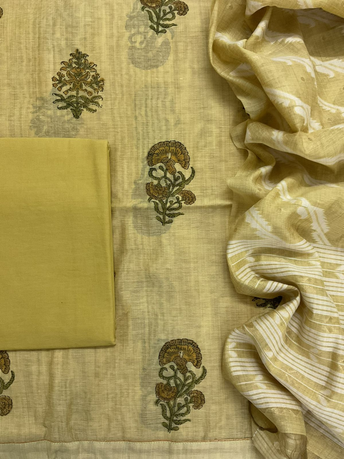 Soft Slub Chanderi Printed Jamdani Weaved Suit - Yellow
