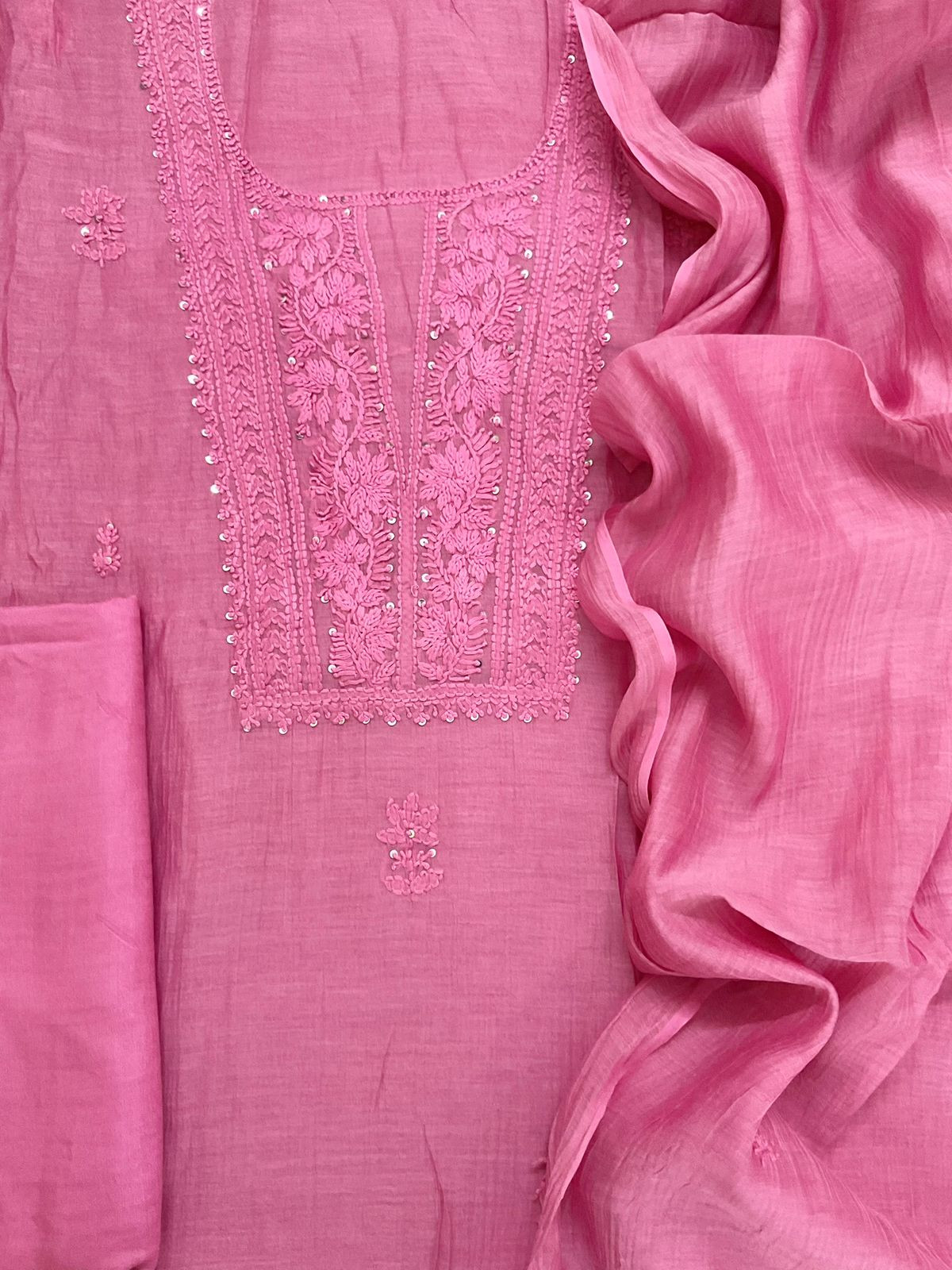 Pure Mul Chanderi Embroidered Suit - Pink