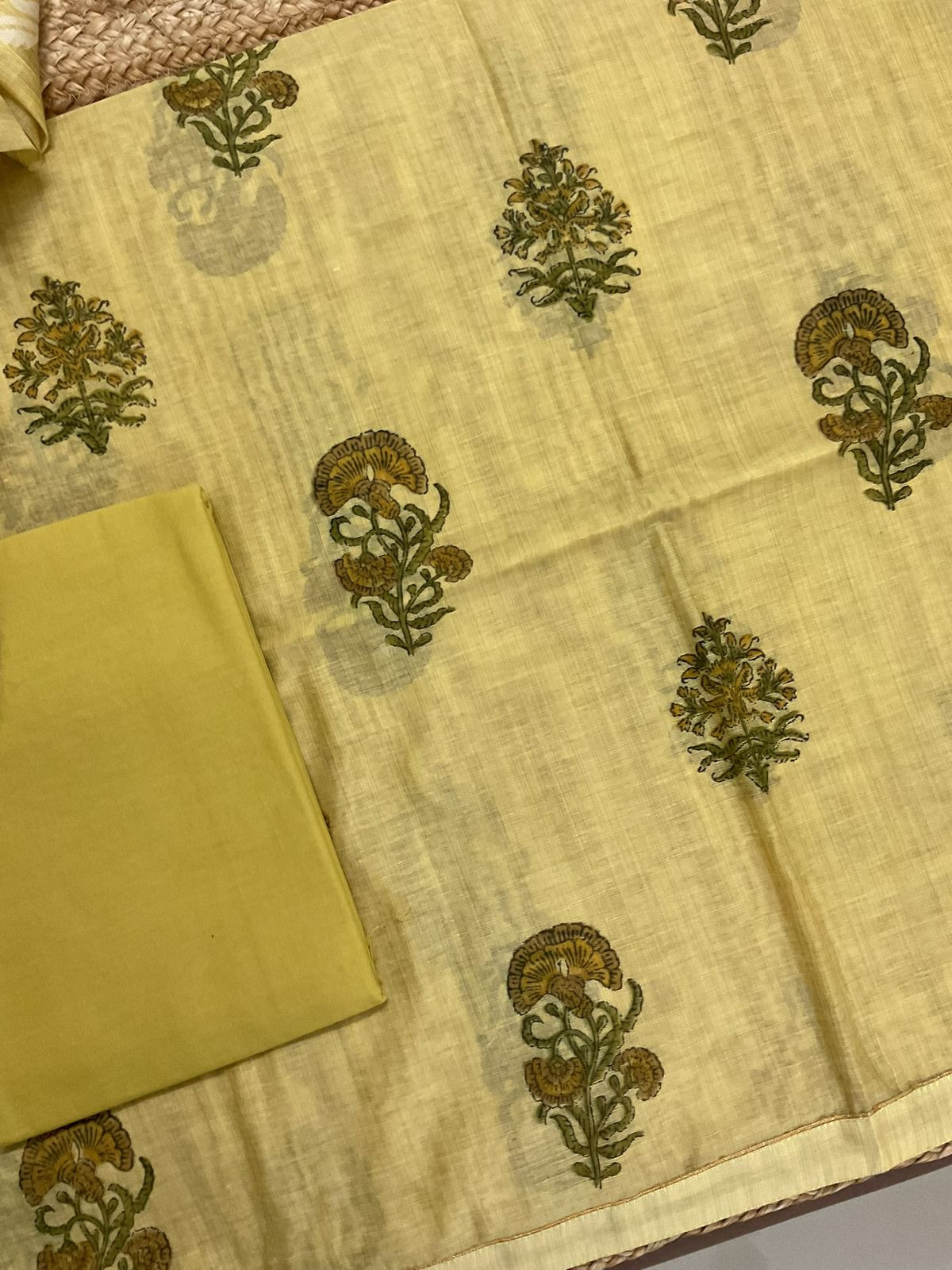 Soft Slub Chanderi Printed Jamdani Weaved Suit - Yellow