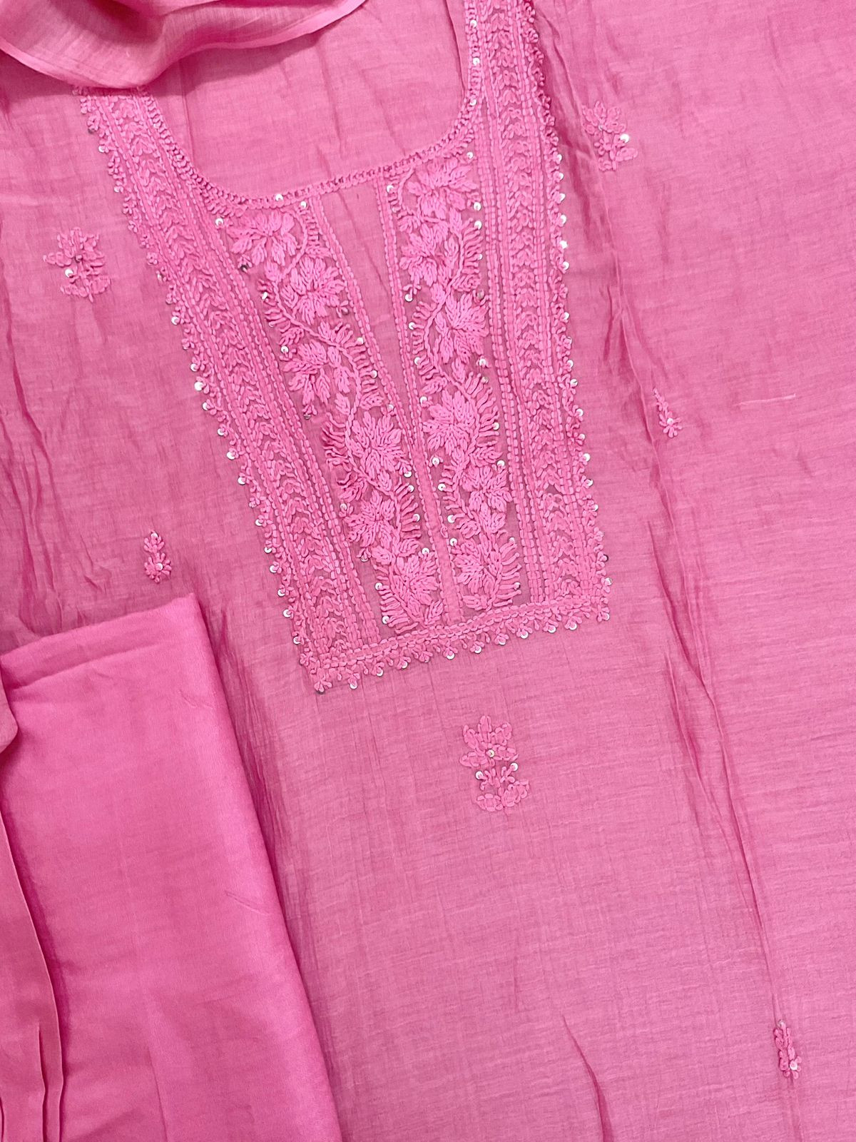Pure Mul Chanderi Embroidered Suit - Pink