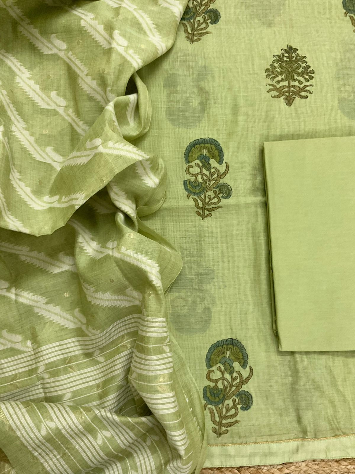 Soft Slub Chanderi Printed Jamdani Weaved Suit - Green