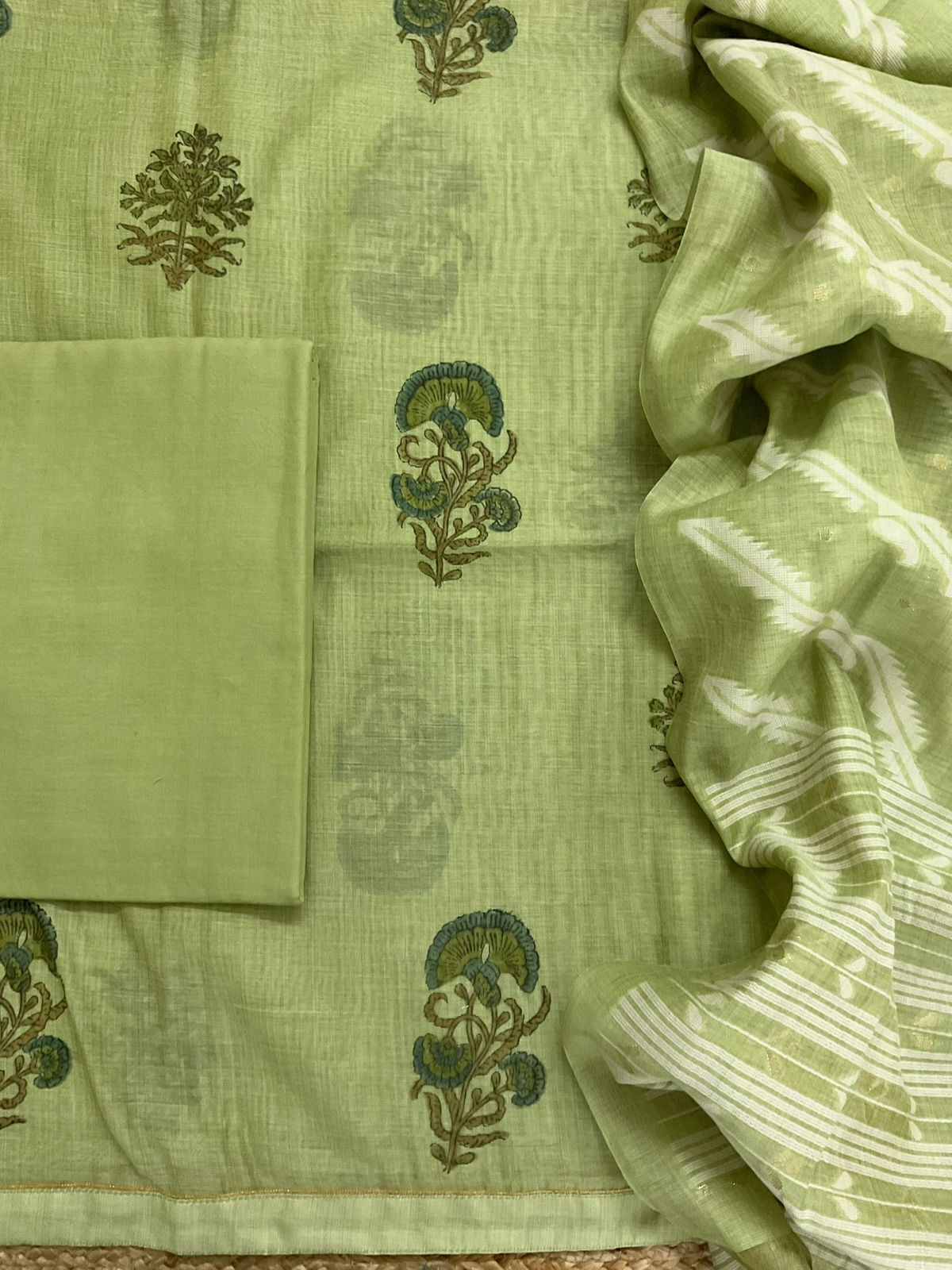 Soft Slub Chanderi Printed Jamdani Weaved Suit - Green