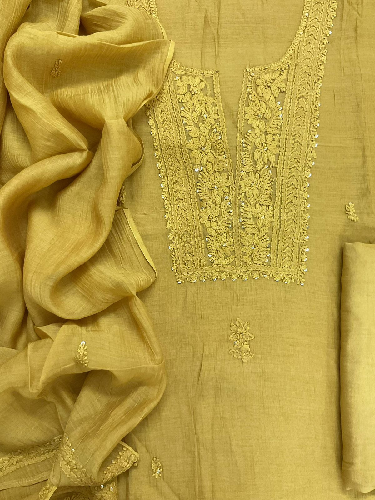 Pure Mul Chanderi Embroidered Suit - Yellow