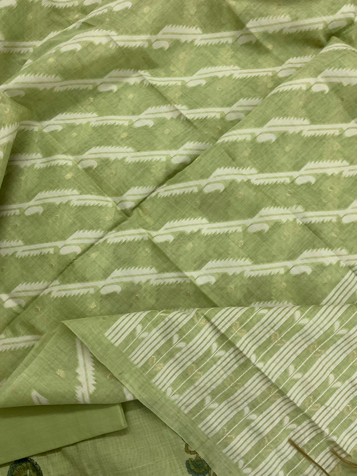 Soft Slub Chanderi Printed Jamdani Weaved Suit - Green