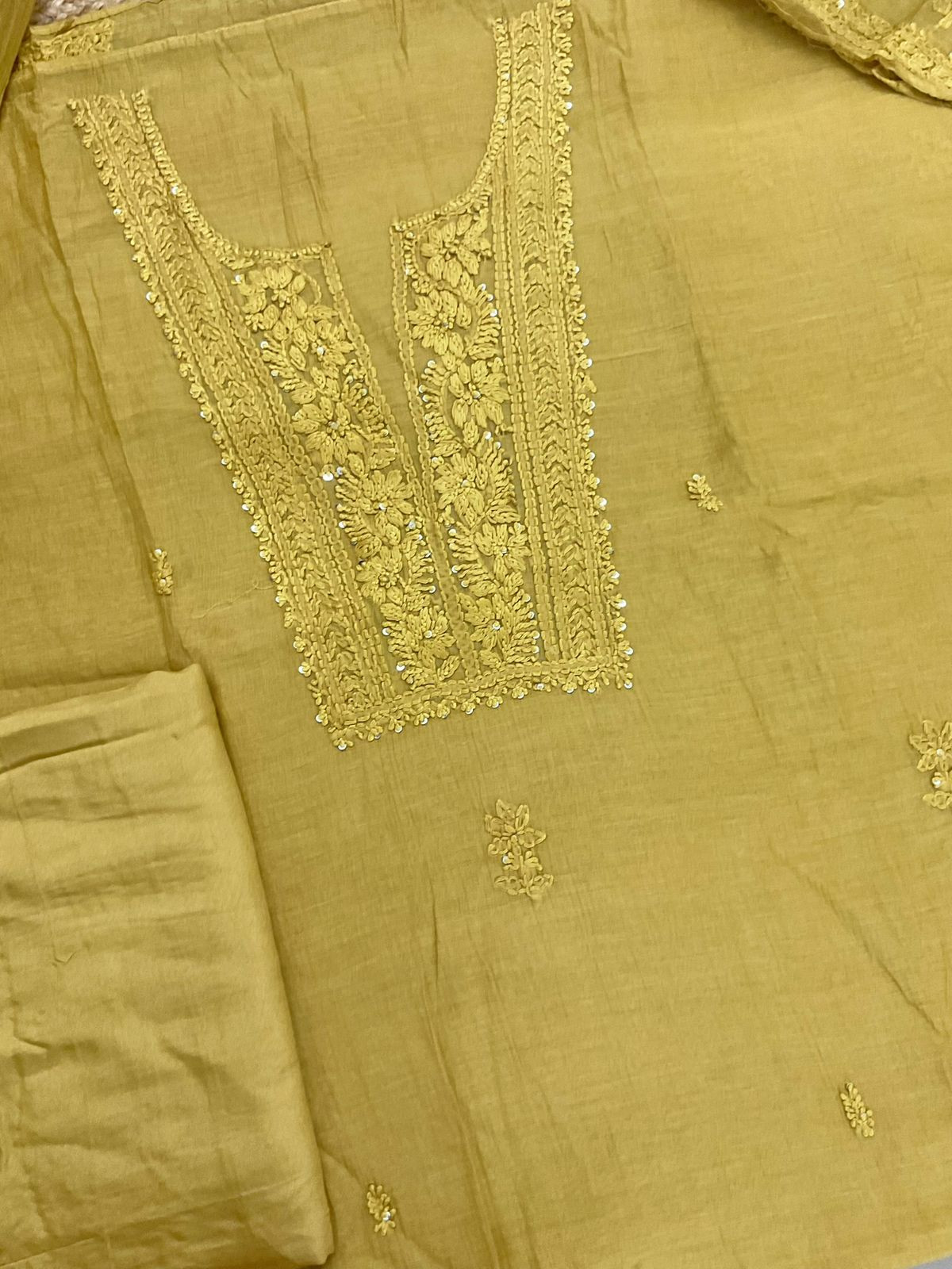 Pure Mul Chanderi Embroidered Suit - Yellow