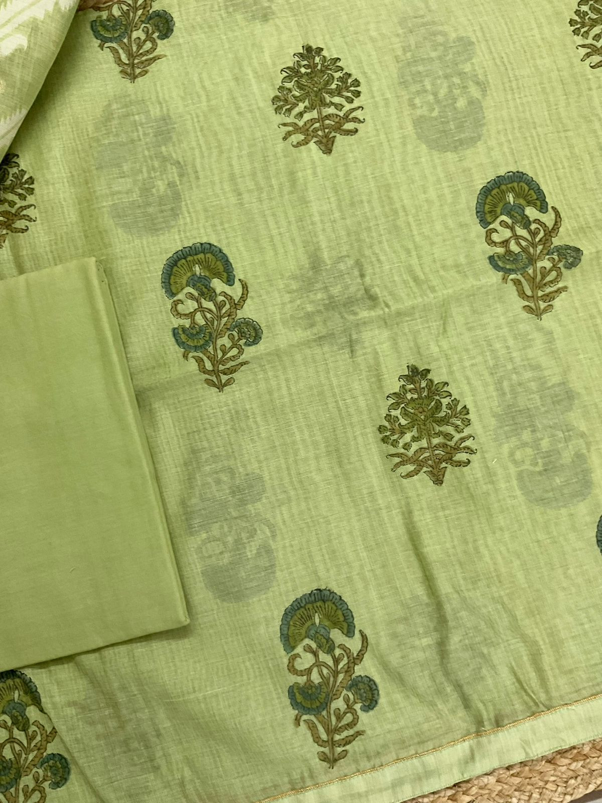 Soft Slub Chanderi Printed Jamdani Weaved Suit - Green