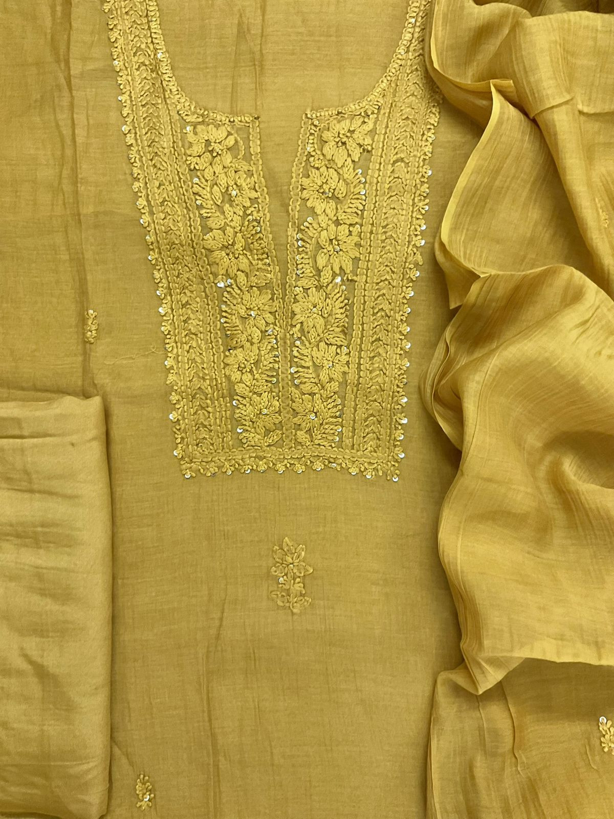 Pure Mul Chanderi Embroidered Suit - Yellow