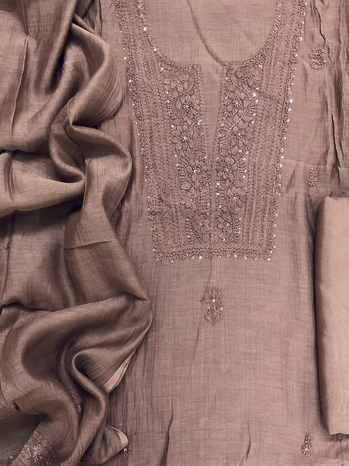 Pure Mul Chanderi Embroidered Suit - Dark Brown