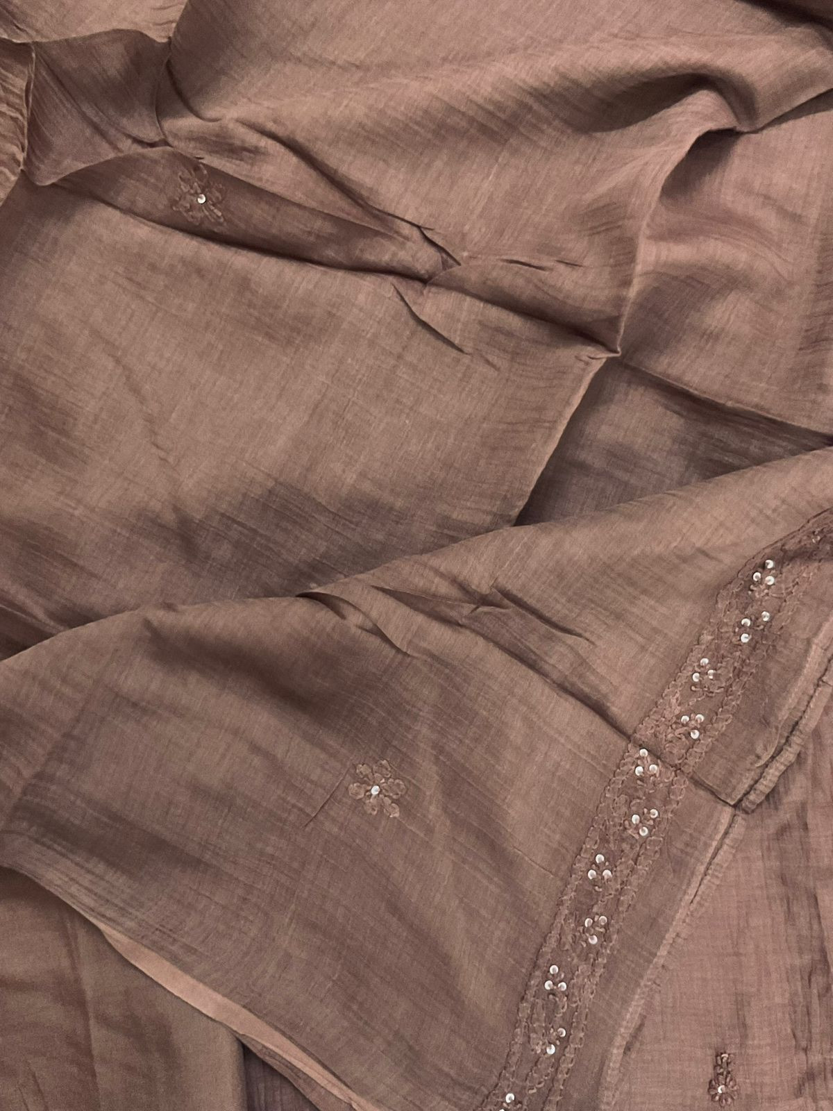 Pure Mul Chanderi Embroidered Suit - Dark Brown