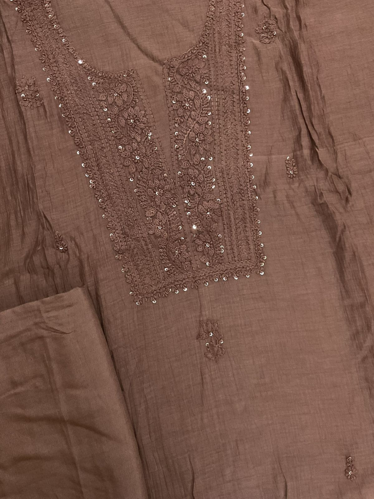 Pure Mul Chanderi Embroidered Suit - Dark Brown
