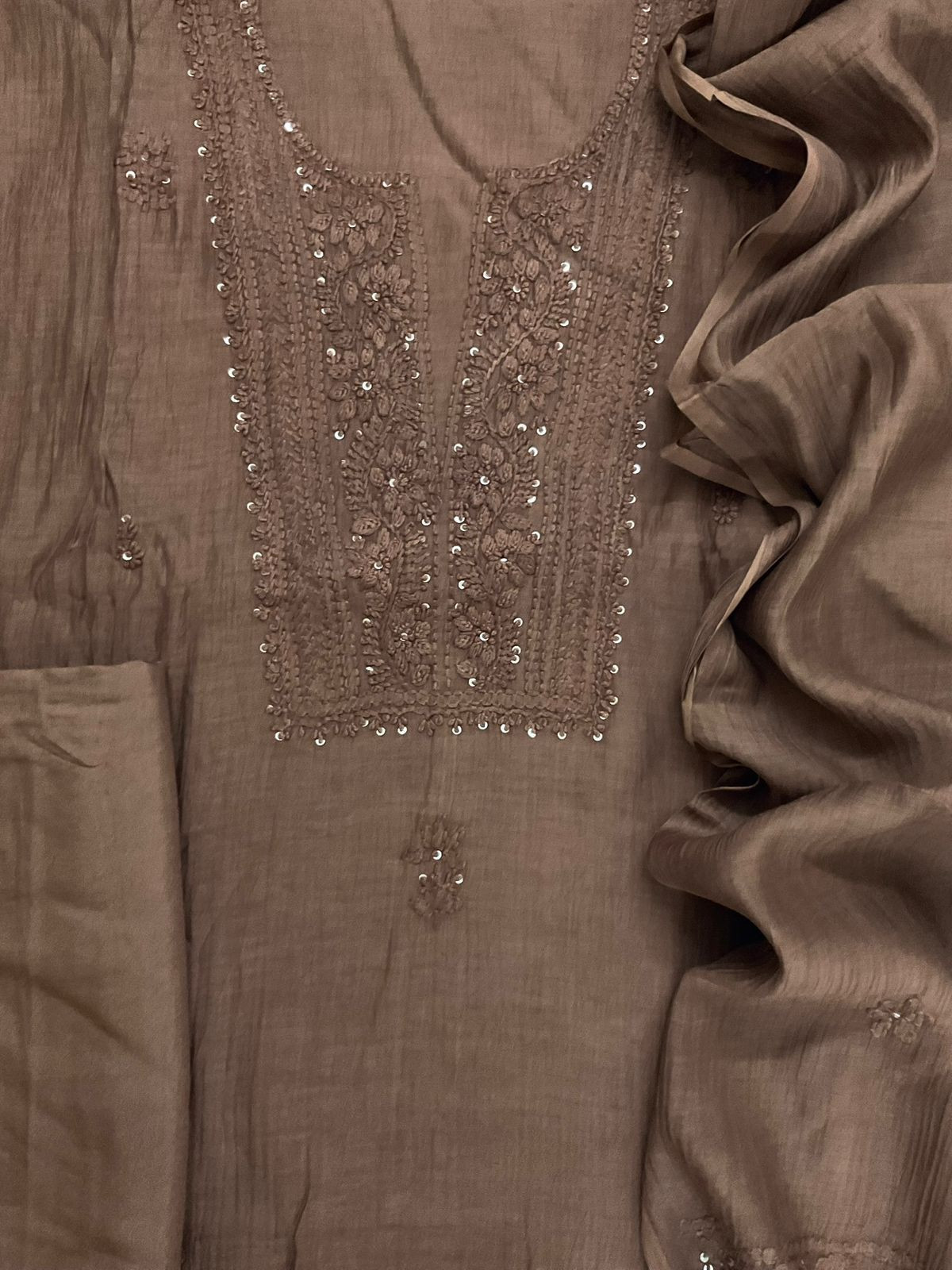 Pure Mul Chanderi Embroidered Suit - Dark Brown