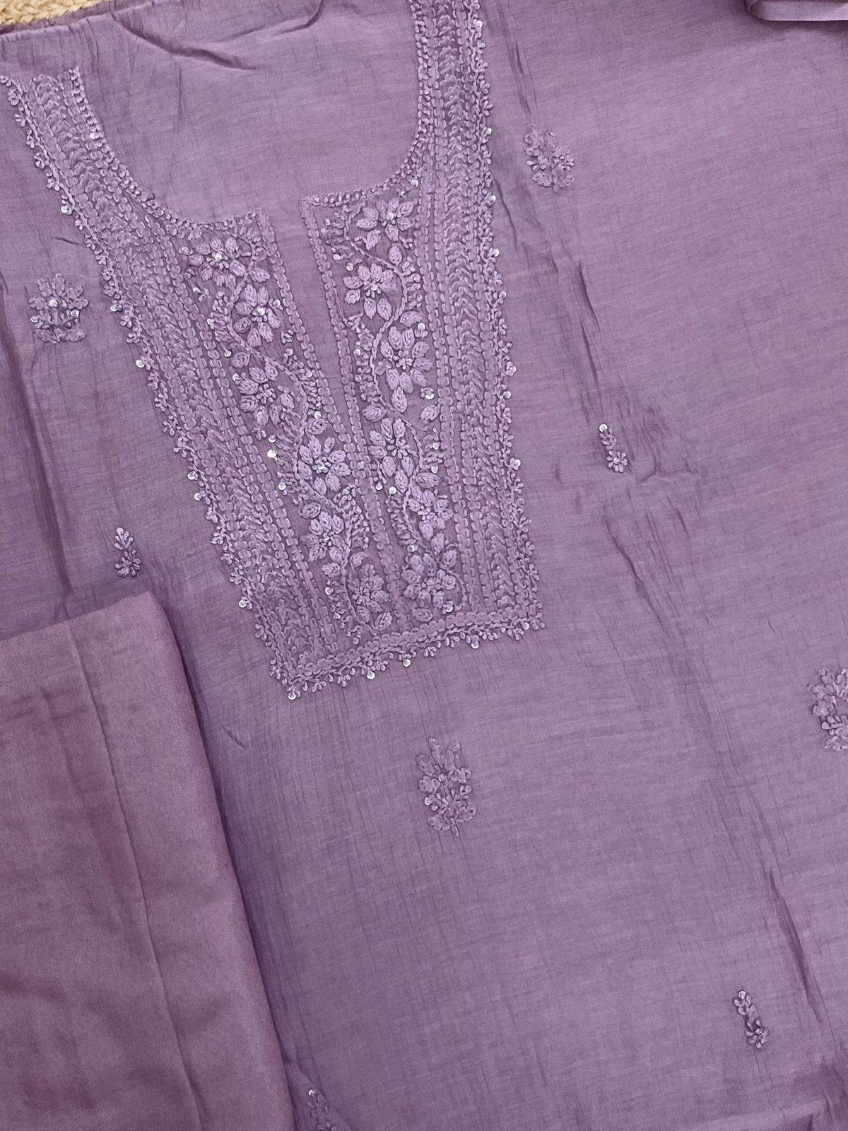 Pure Mul Chanderi Embroidered Suit - Lavender