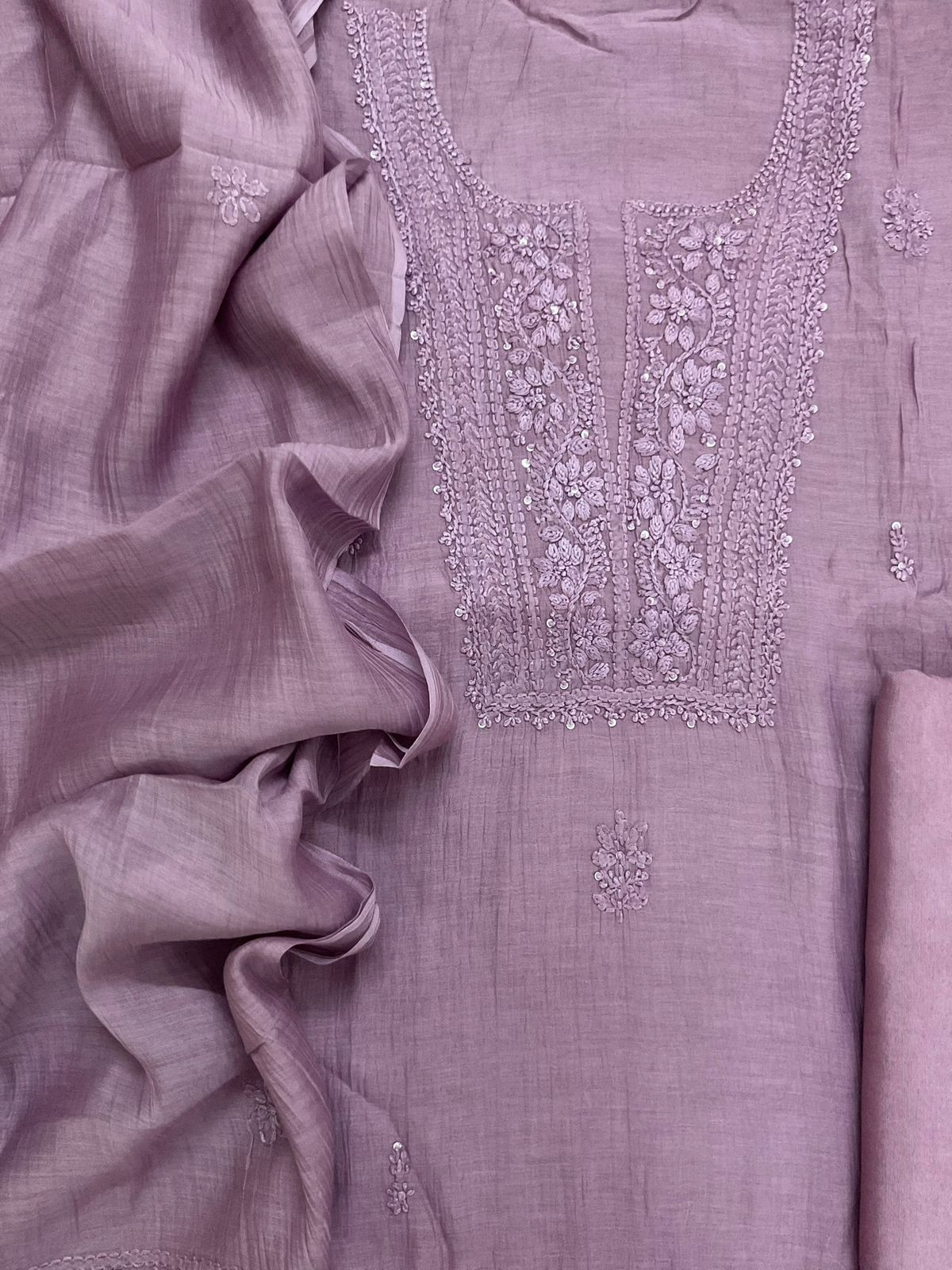 Pure Mul Chanderi Embroidered Suit - Lavender