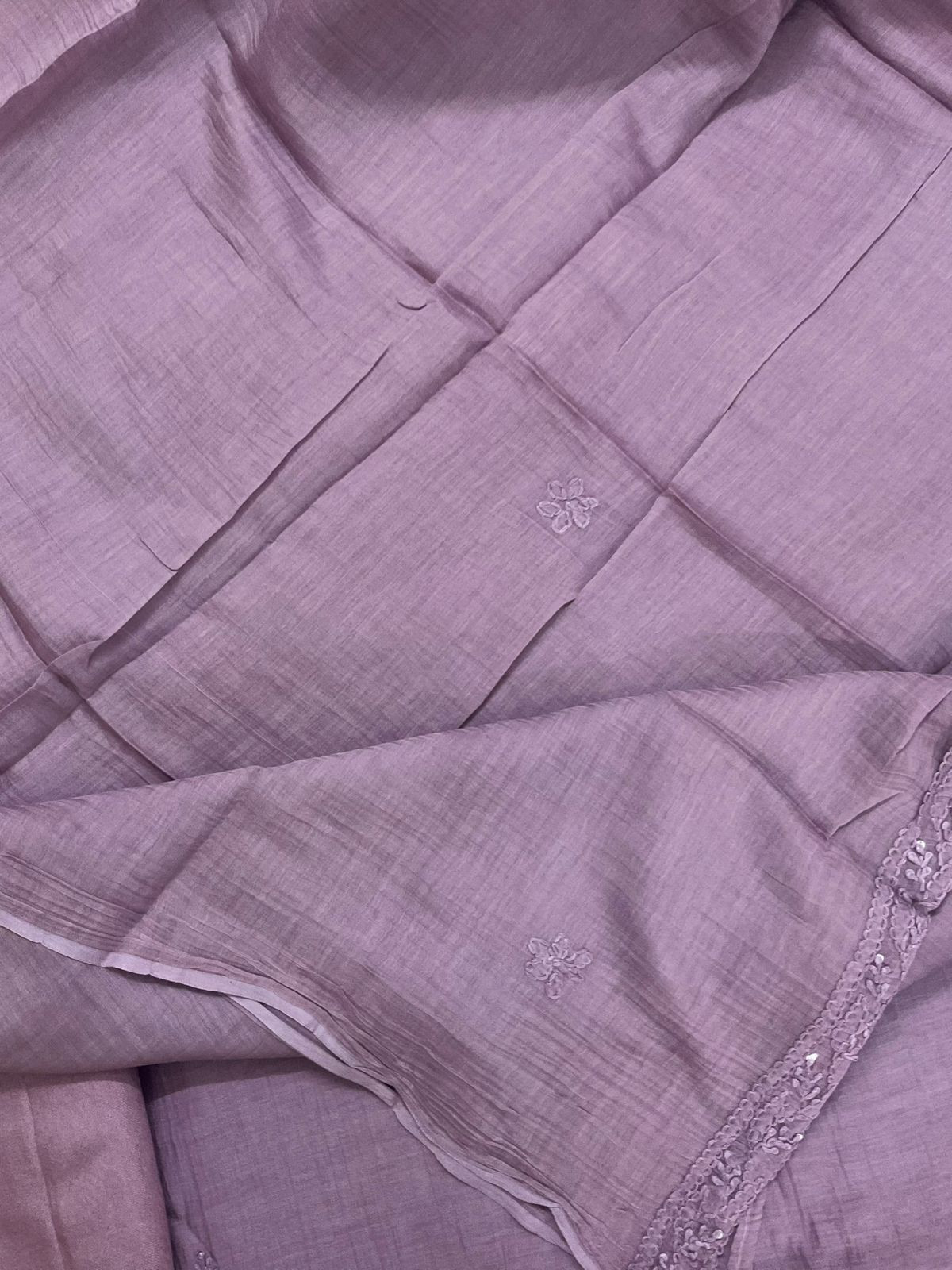 Pure Mul Chanderi Embroidered Suit - Lavender