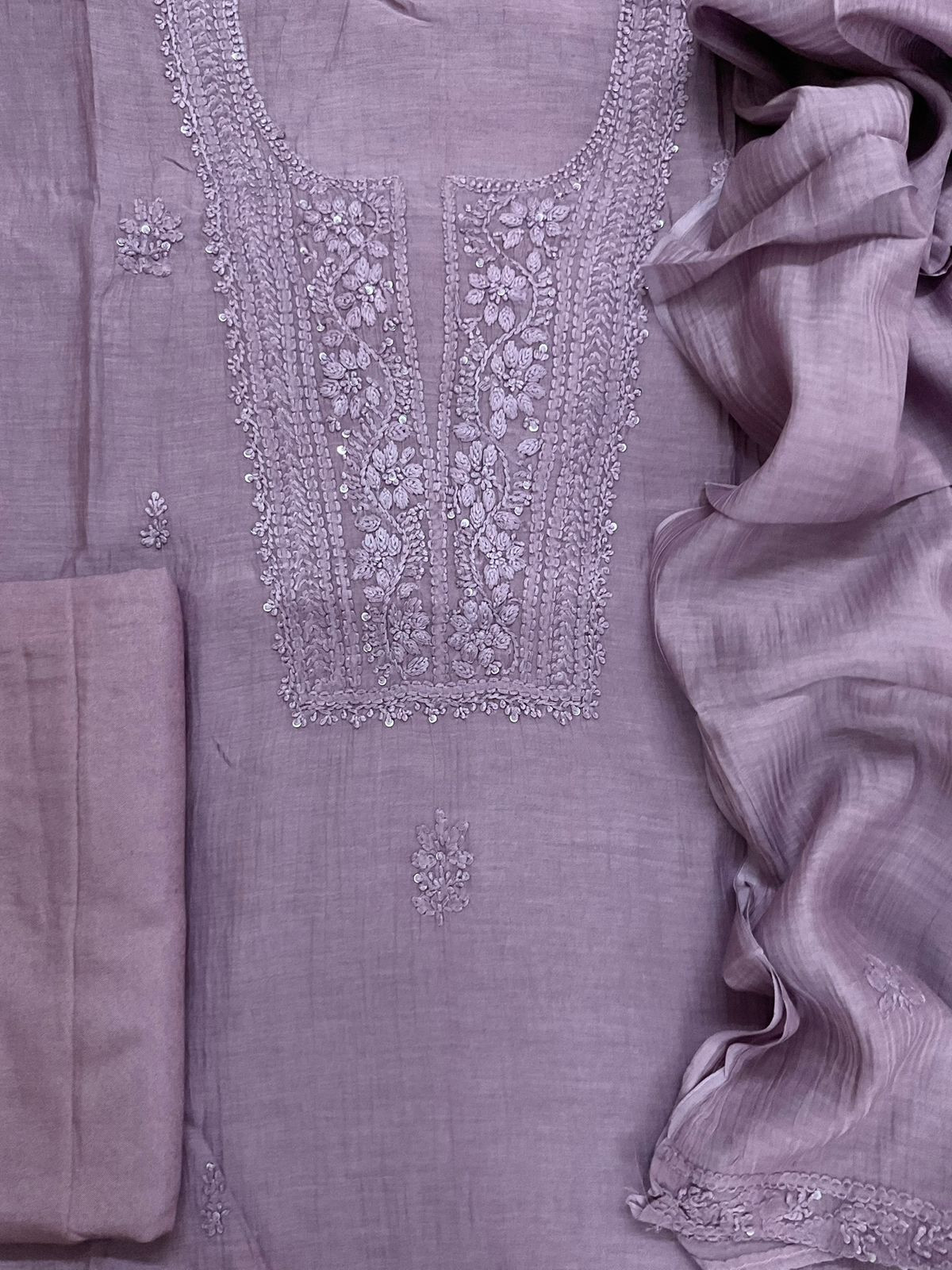 Pure Mul Chanderi Embroidered Suit - Lavender