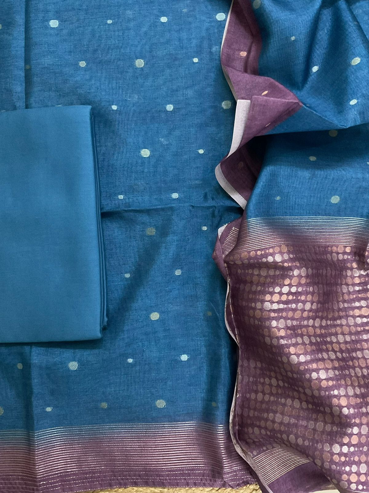 Soft Semi Tussar Silk Jamdani Weaved Suit - Blue