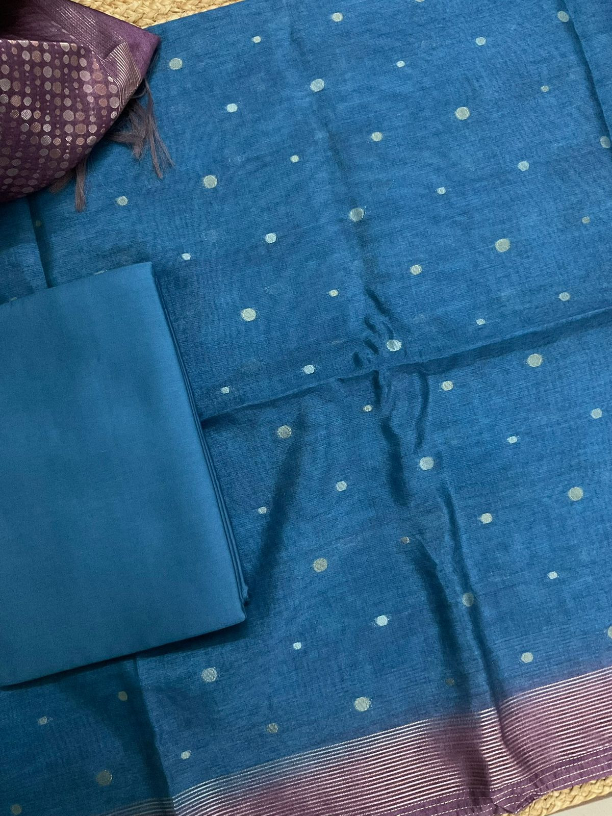 Soft Semi Tussar Silk Jamdani Weaved Suit - Blue