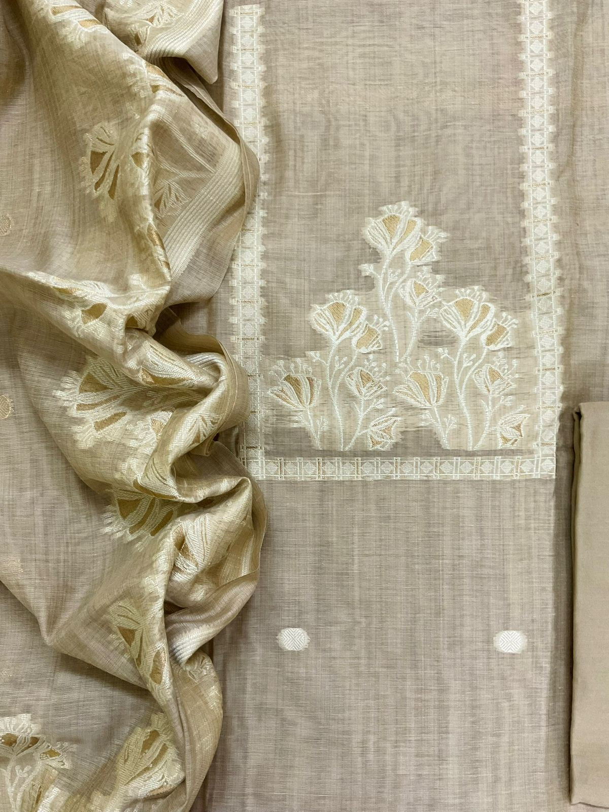 Soft Kora Chanderi Jamdani Weaved Suit - Beige
