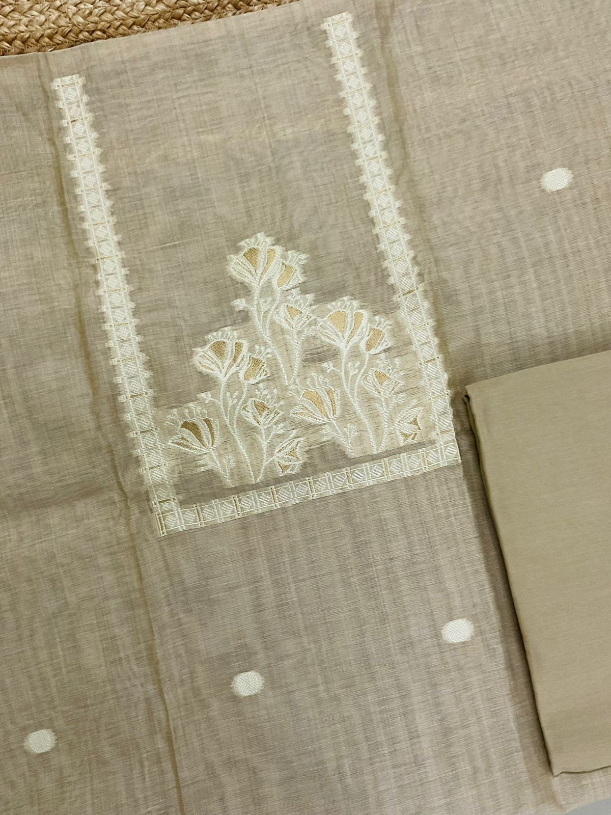 Soft Kora Chanderi Jamdani Weaved Suit - Beige