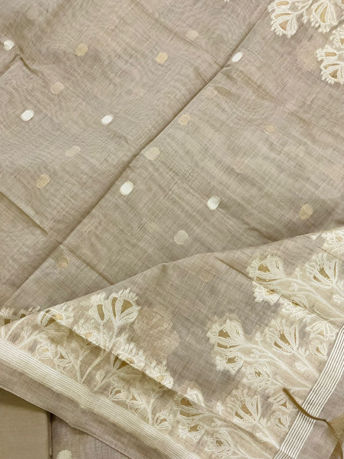 Soft Kora Chanderi Jamdani Weaved Suit - Beige