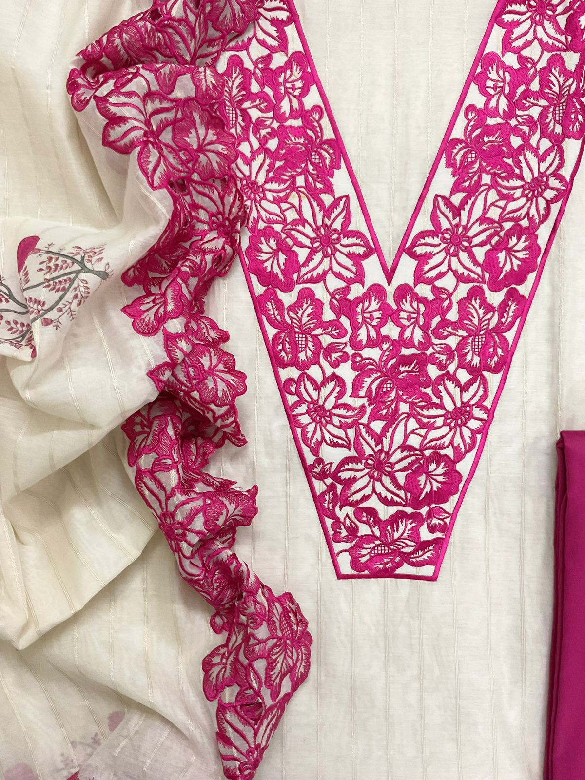 Pure Mul Chanderi Self Weaved Printed Embroidered Suit - Cream