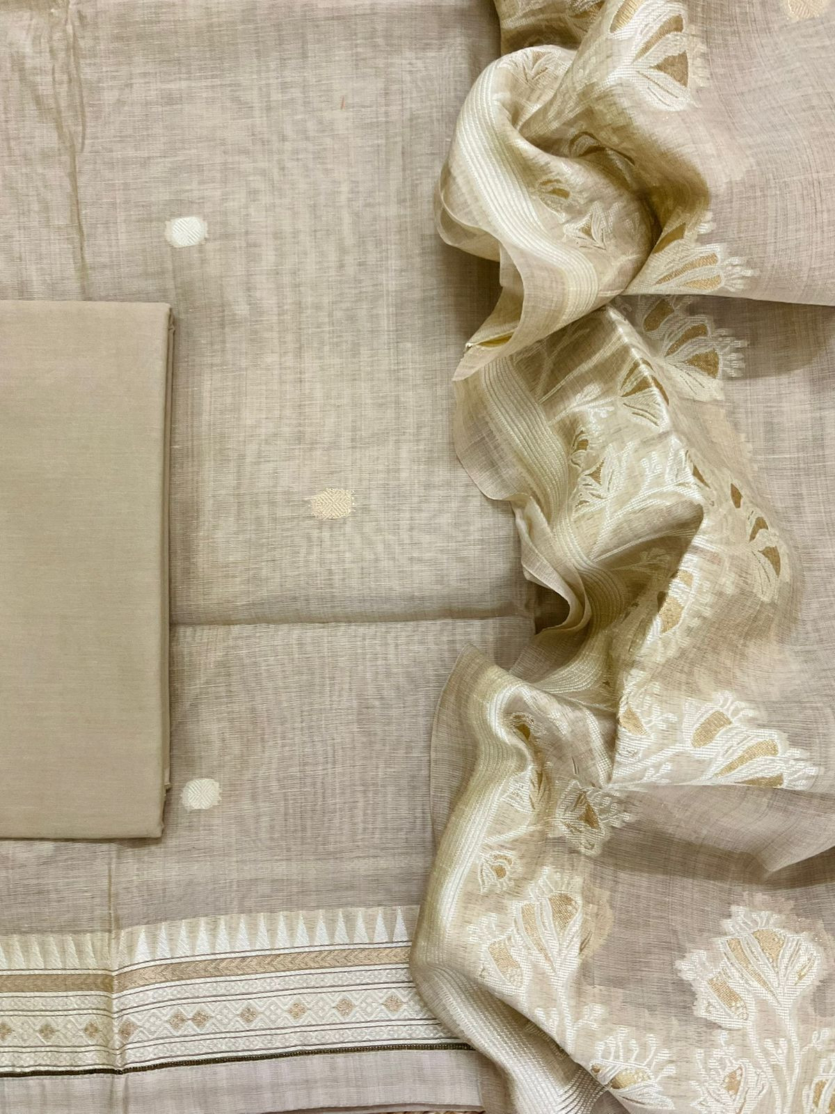 Soft Kora Chanderi Jamdani Weaved Suit - Beige