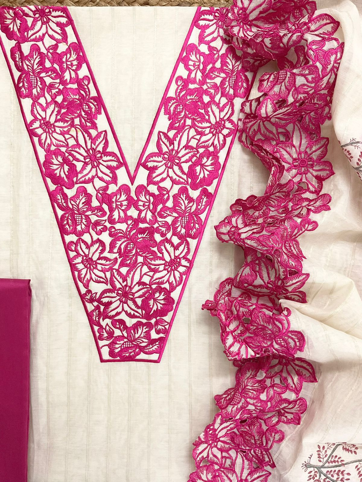 Pure Mul Chanderi Self Weaved Printed Embroidered Suit - Cream