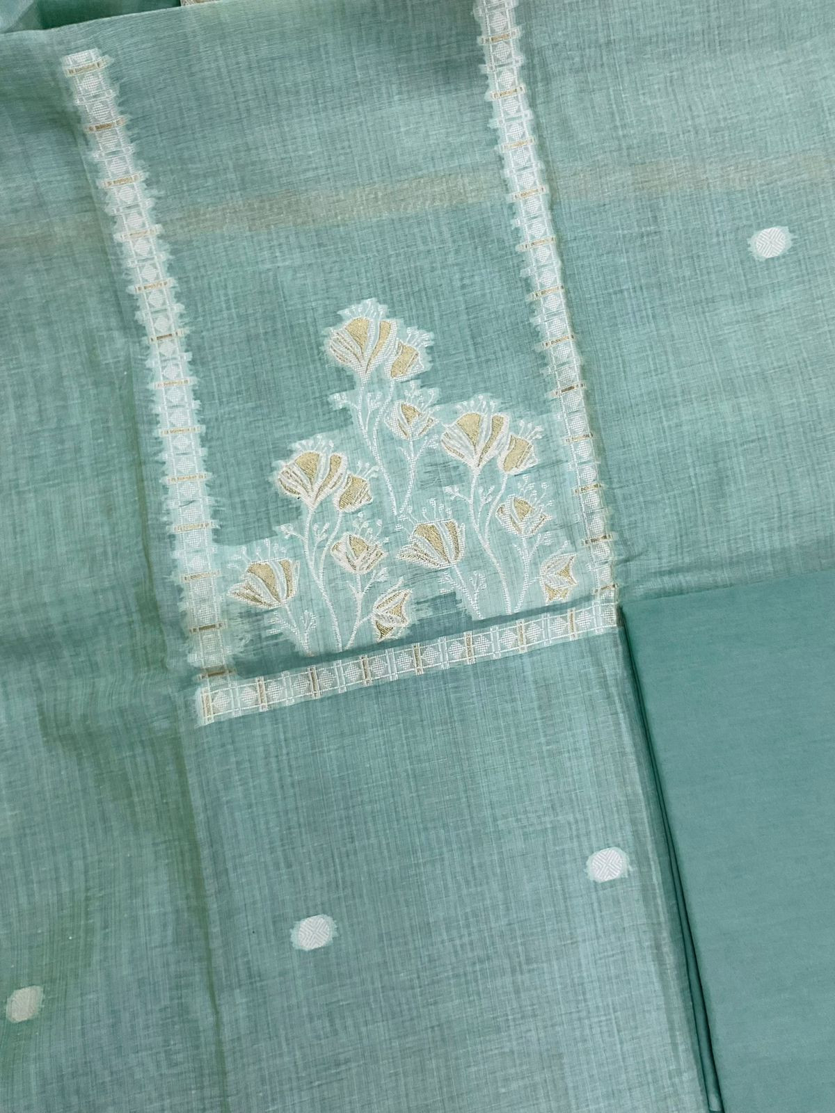 Soft Kora Chanderi Jamdani Weaved Suit - Sea Blue