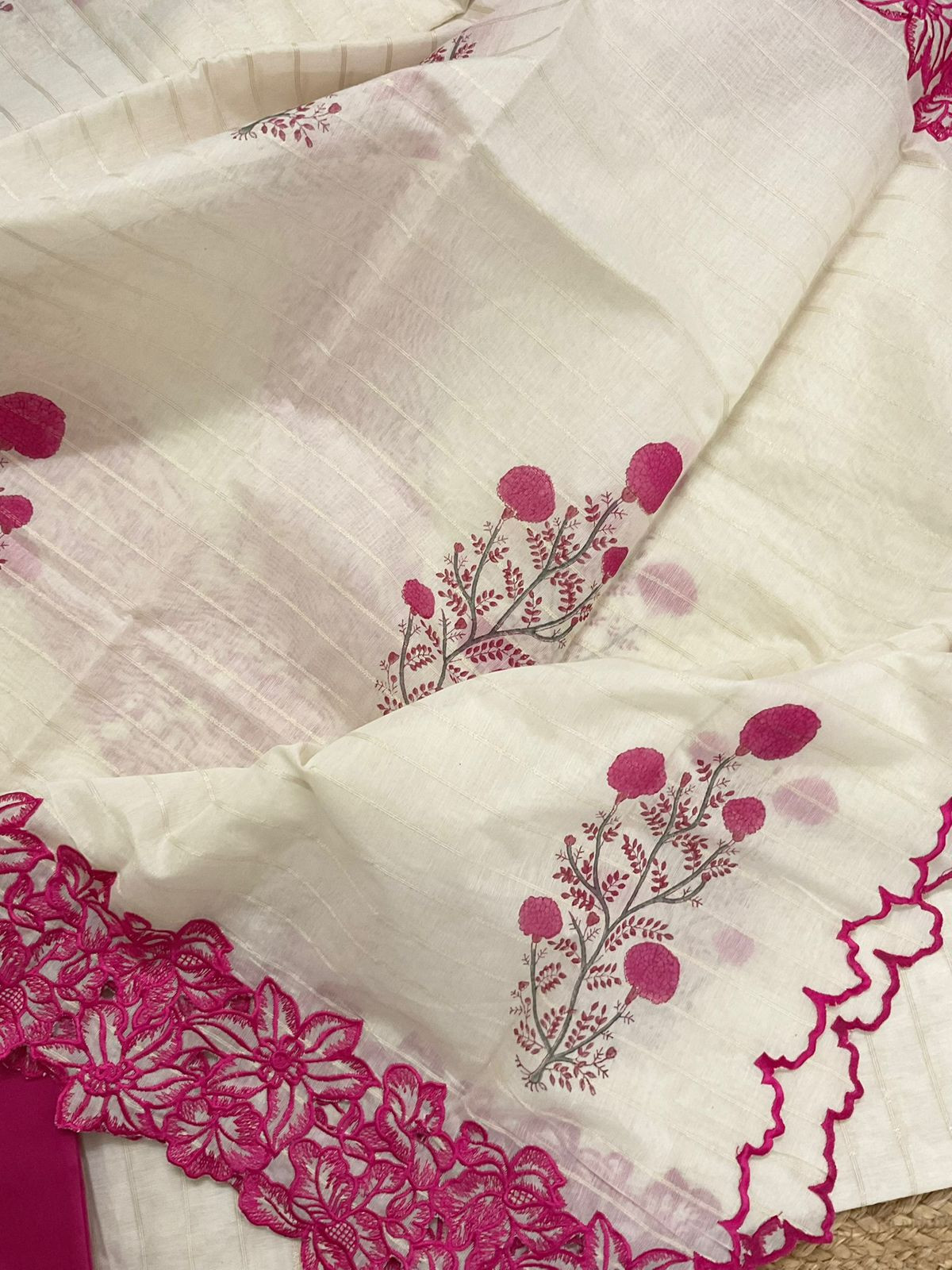 Pure Mul Chanderi Self Weaved Printed Embroidered Suit - Cream