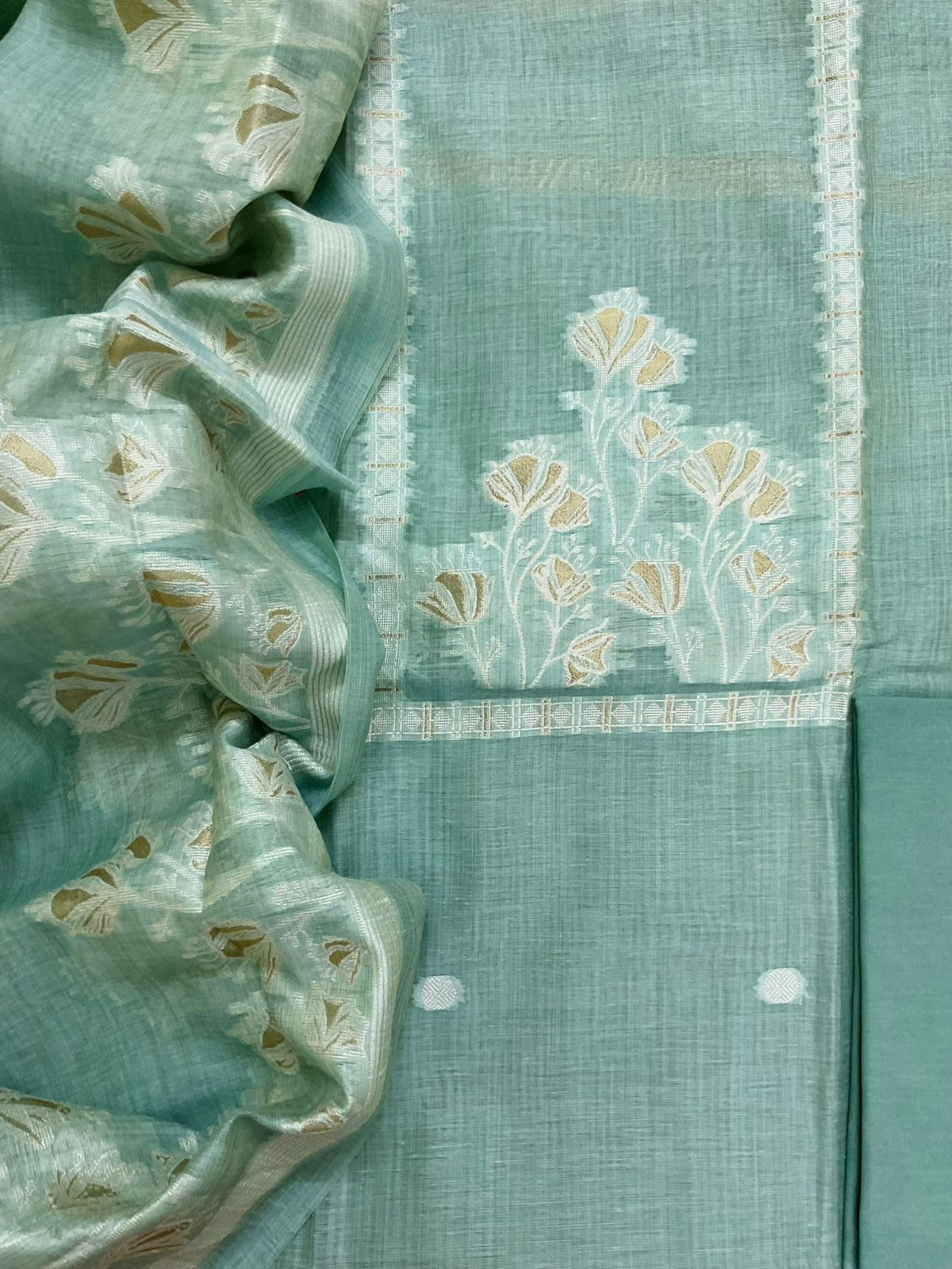Soft Kora Chanderi Jamdani Weaved Suit - Sea Blue