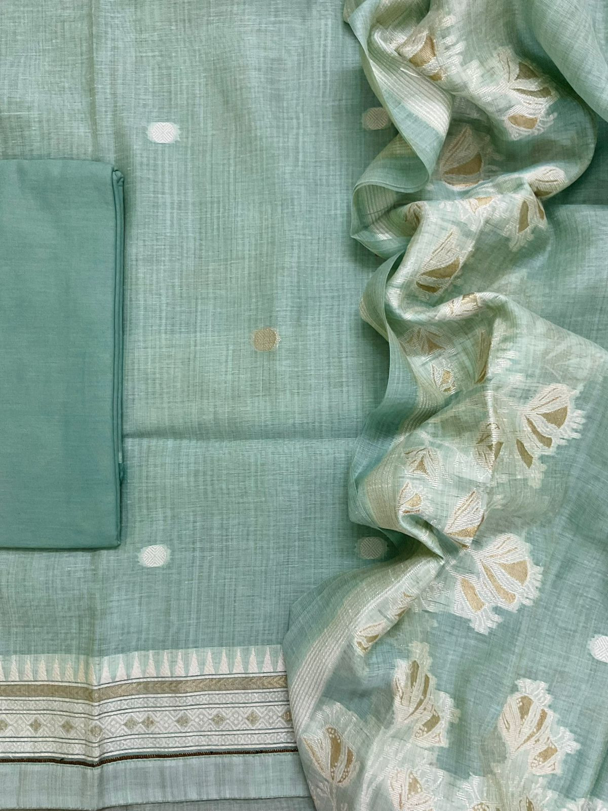 Soft Kora Chanderi Jamdani Weaved Suit - Sea Blue