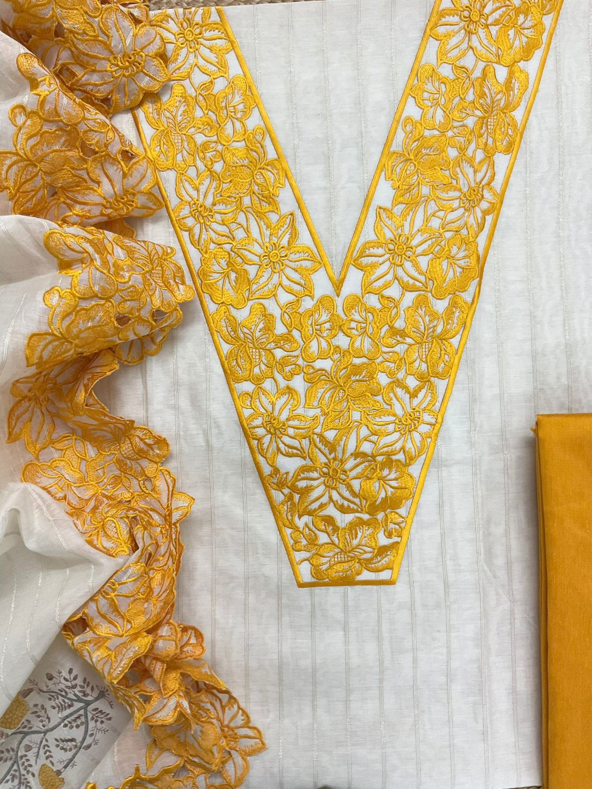 Pure Mul Chanderi Self Weaved Printed Embroidered Suit - Cream