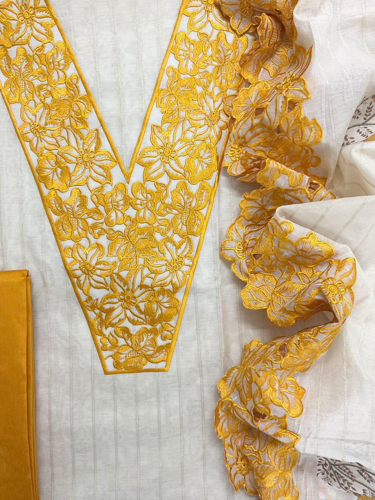 Pure Mul Chanderi Self Weaved Printed Embroidered Suit - Cream